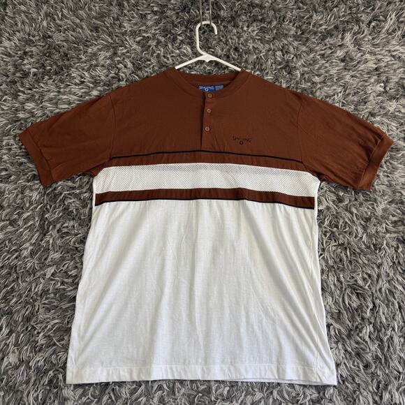 Vintage Spalding Mens Sz XL White Brown Short Sleeve Henley Mesh Front - Picture 1 of 7